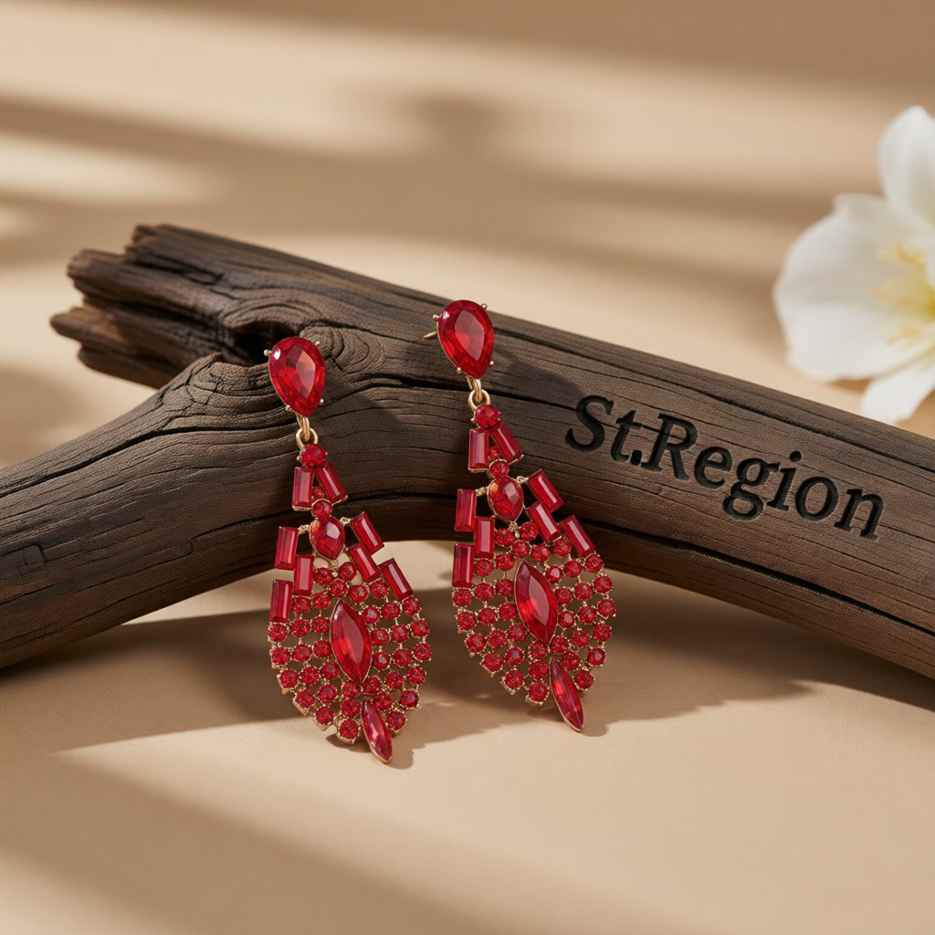 Red Crystal and Cubic Zirconia Ornate Drop Earrings, drop earrings for women, dainty minimalist design, front view