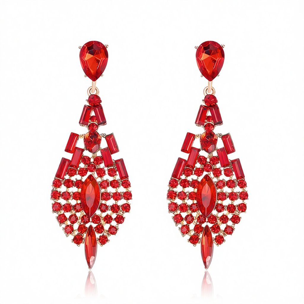 Red Crystal and Cubic Zirconia Ornate Drop Earrings, drop earrings for women, dainty minimalist design, side view