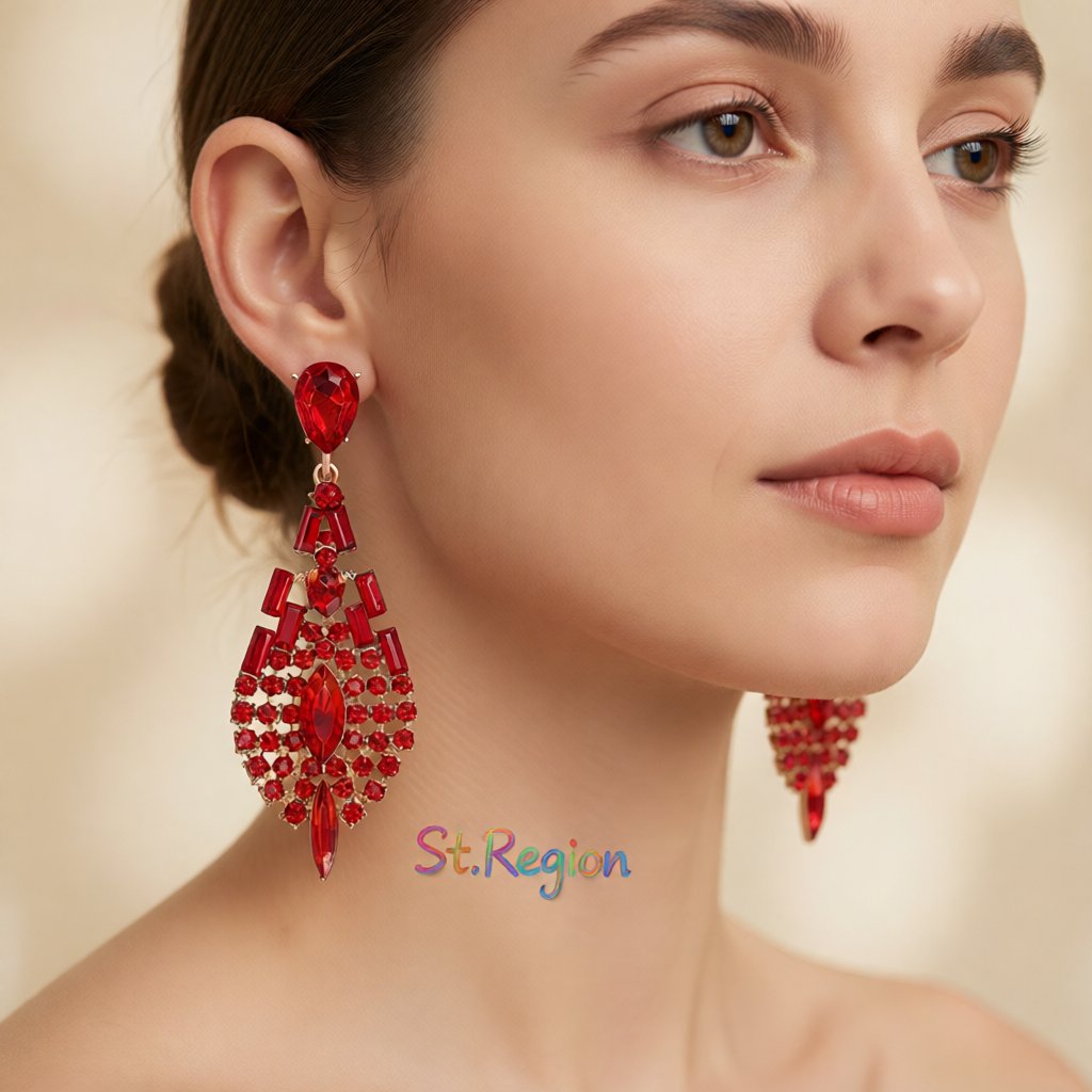 Red Crystal and Cubic Zirconia Ornate Drop Earrings, drop earrings for women, dainty minimalist design, styled look