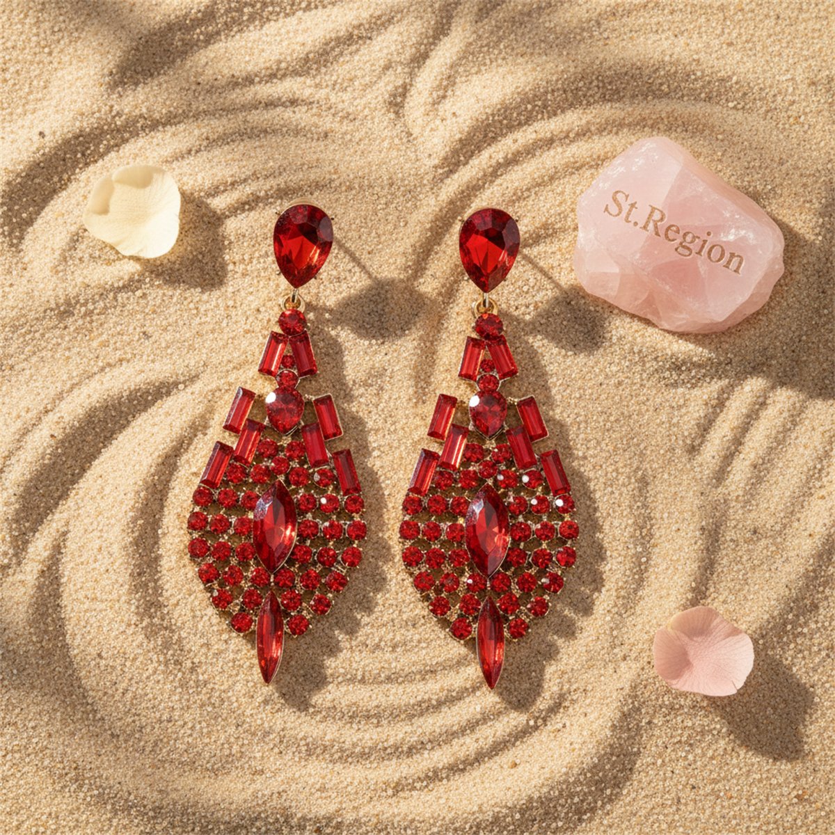 Red Crystal and Cubic Zirconia Ornate Drop Earrings, drop earrings for women, dainty minimalist design, detail close-up