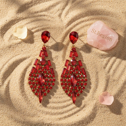 Red Crystal and Cubic Zirconia Ornate Drop Earrings, drop earrings for women, dainty minimalist design, detail close-up