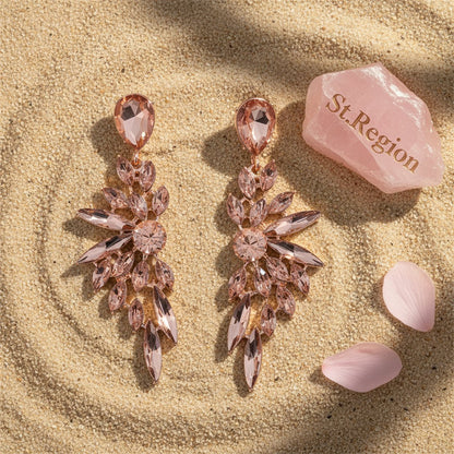 Champagne Crystal and 18K Gold-Plated Botanical Drop Earring, gold drop earrings for women, detail close-up