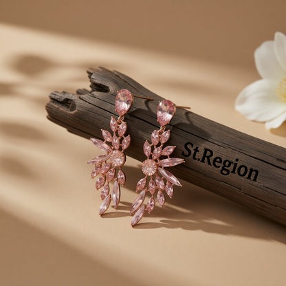 Champagne Crystal and 18K Gold-Plated Botanical Drop Earring, gold drop earrings for women, front view
