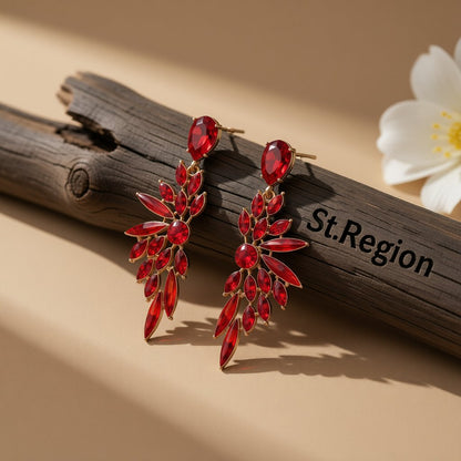 Red Crystal and 18K Gold-Plated Botanical Drop Earring, gold drop earrings for women, everyday style, front view