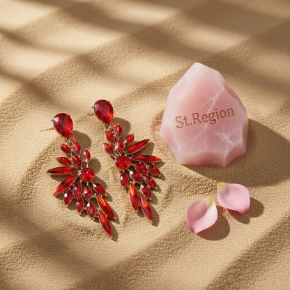 Red Crystal and 18K Gold-Plated Botanical Drop Earring, gold drop earrings for women, everyday style, detail close-up