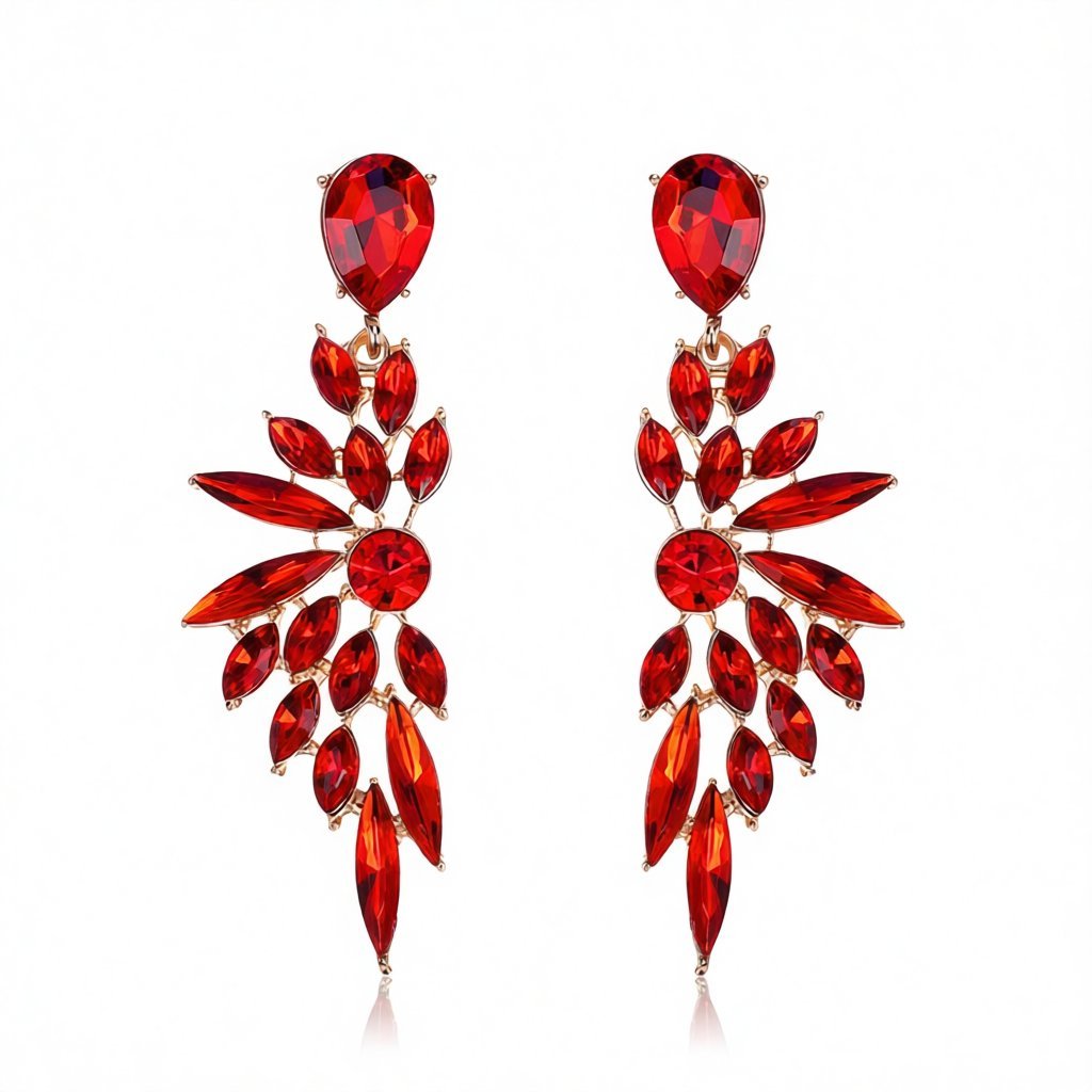 Red Crystal and 18K Gold-Plated Botanical Drop Earring, gold drop earrings for women, everyday style, side view