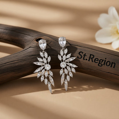 Clear Crystal and Silver-Plated Botanical Drop Earrings, silver drop earrings for women, vintage-inspired design, front view