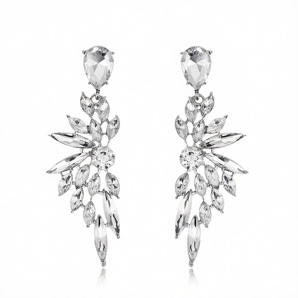 Clear Crystal and Silver-Plated Botanical Drop Earrings, silver drop earrings for women, vintage-inspired design, side view