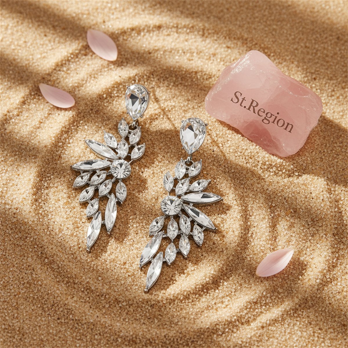Clear Crystal and Silver-Plated Botanical Drop Earrings, silver drop earrings for women, detail close-up