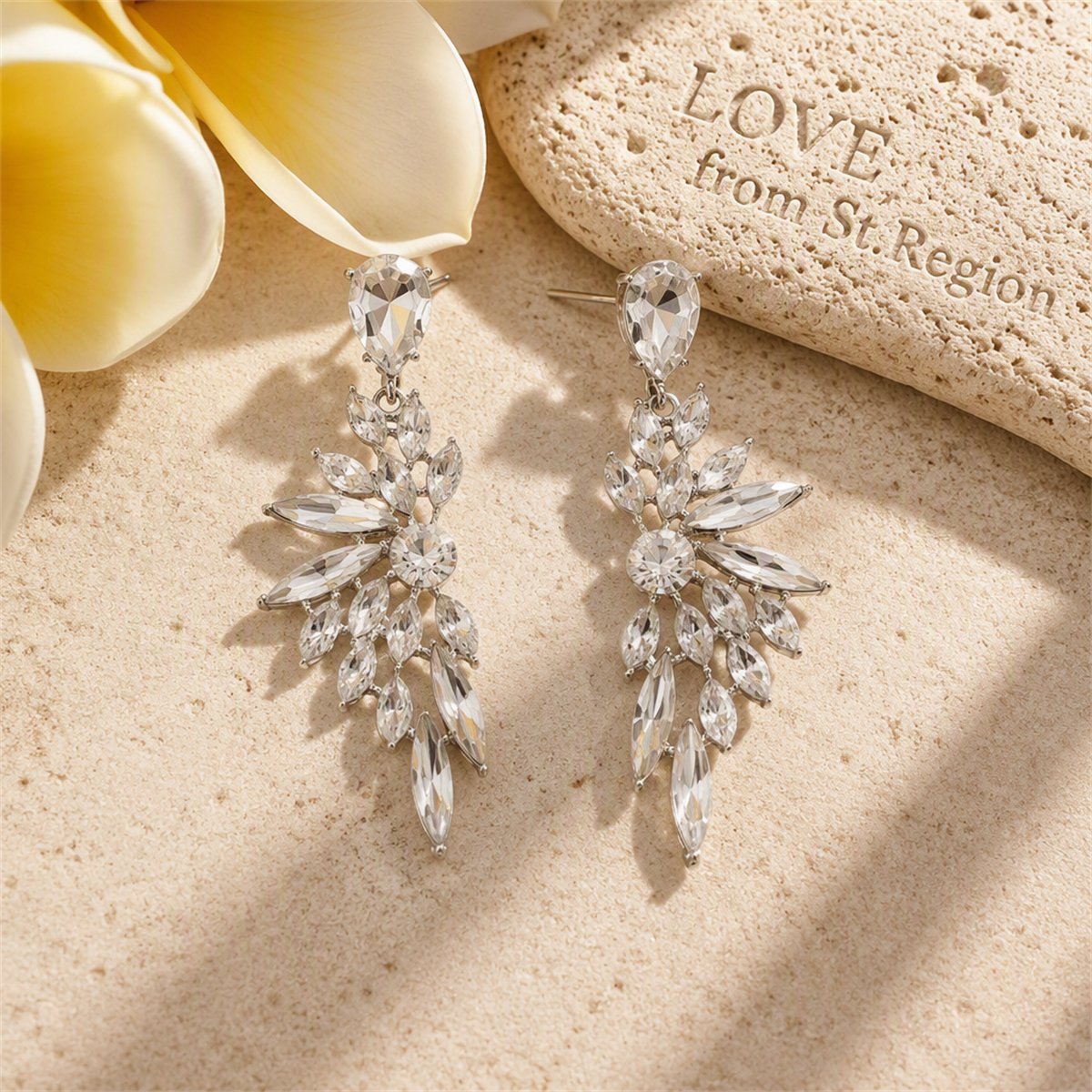 Clear Crystal and Silver-Plated Botanical Drop Earrings, silver drop earrings for women, lifestyle look