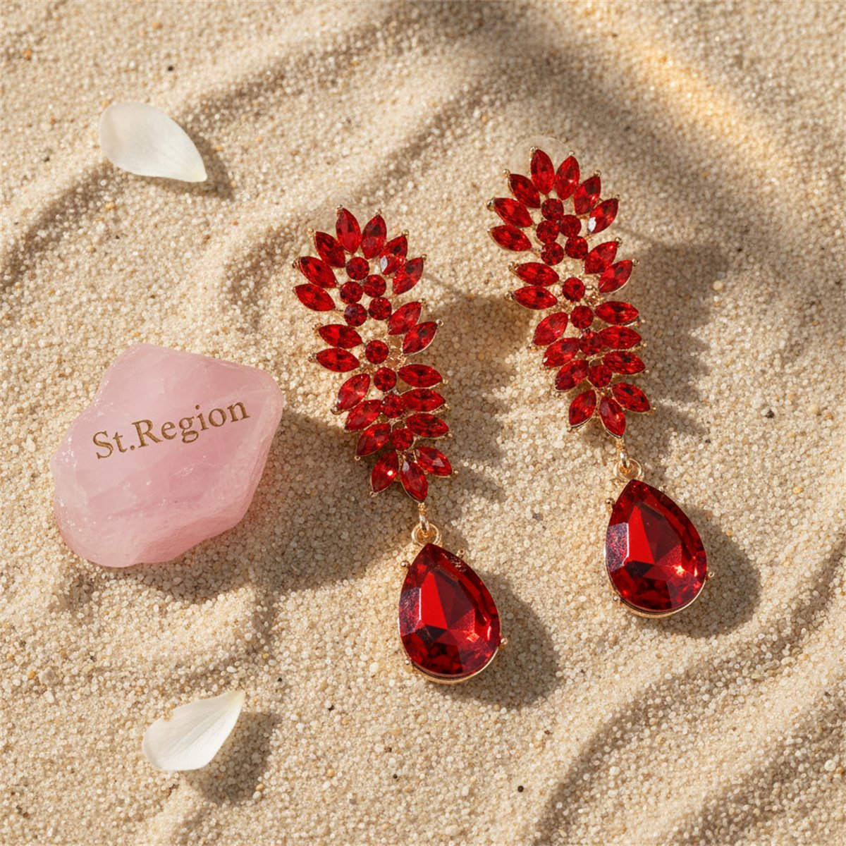 Red Crystal and Cubic Zirconia Botanical Drop Earring, drop earrings for women, detail close-up