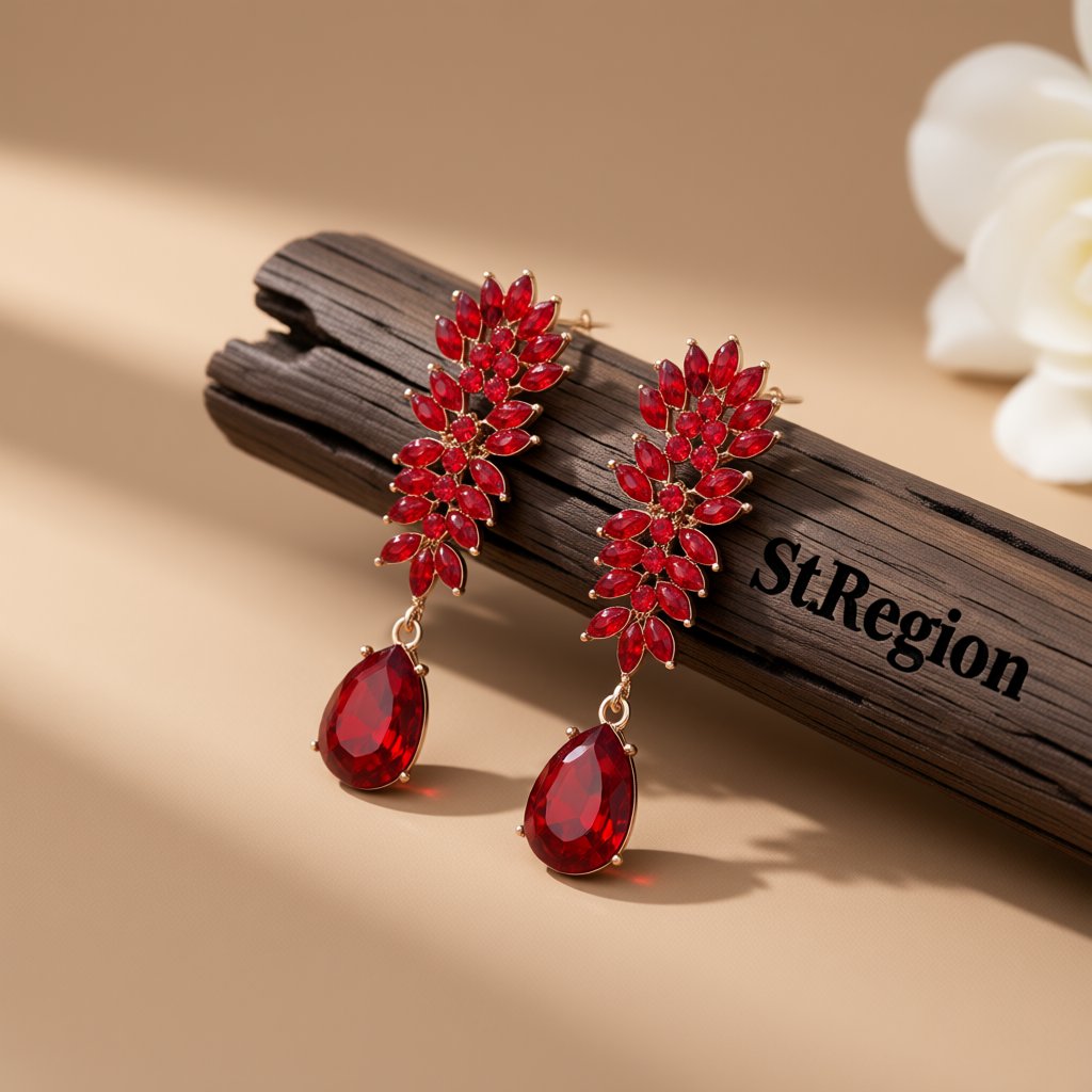 Red Crystal and Cubic Zirconia Botanical Drop Earring, drop earrings for women, dainty minimalist design, front view