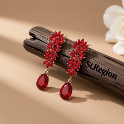 Red Crystal and Cubic Zirconia Botanical Drop Earring, drop earrings for women, dainty minimalist design, front view