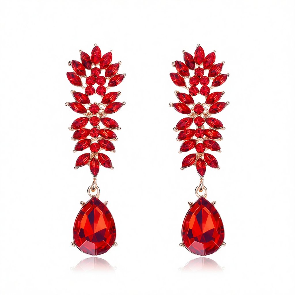 Red Crystal and Cubic Zirconia Botanical Drop Earring, drop earrings for women, dainty minimalist design, side view