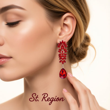 Red Crystal and Cubic Zirconia Botanical Drop Earring, drop earrings for women, dainty minimalist design, styled look