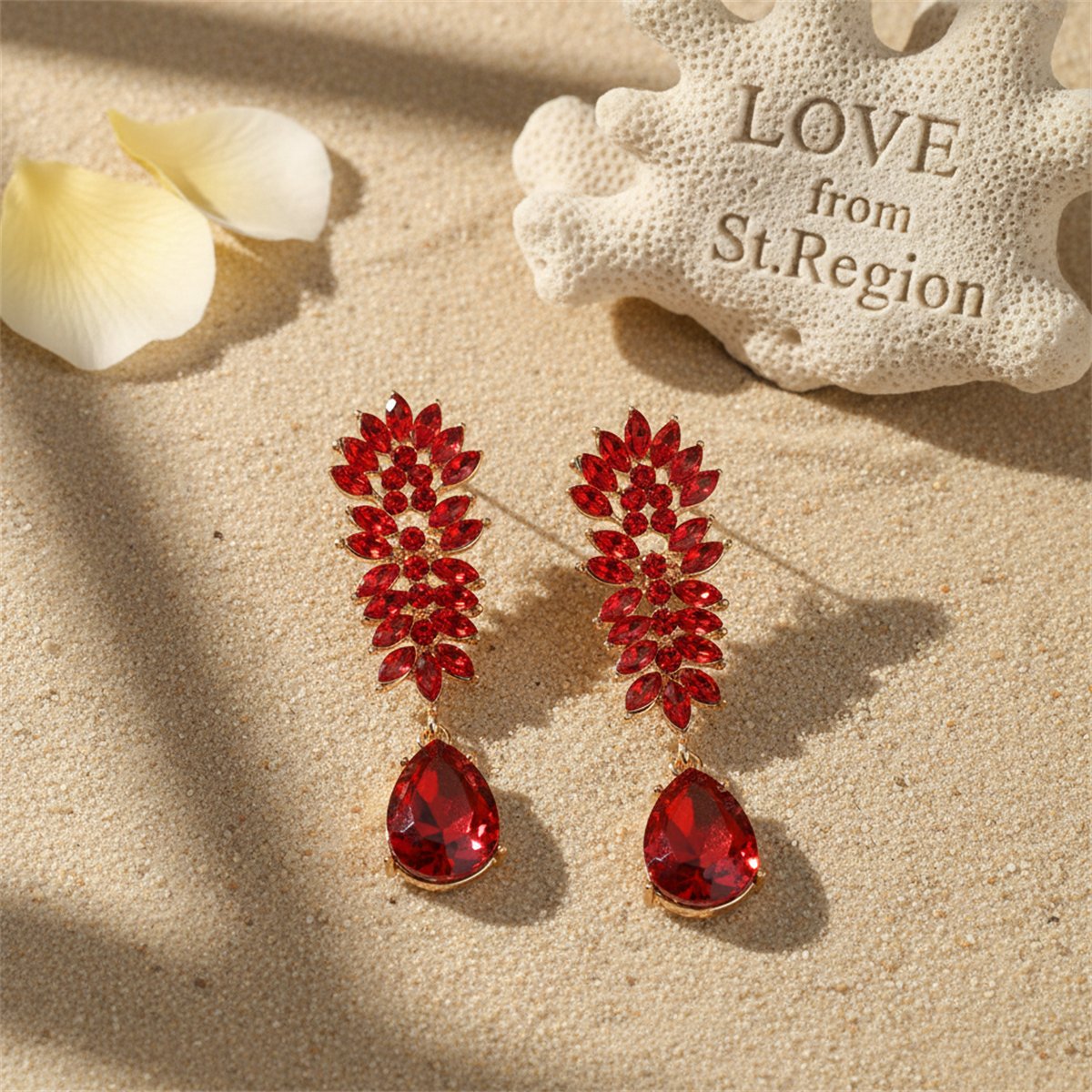 Red Crystal and Cubic Zirconia Botanical Drop Earring, drop earrings for women, dainty minimalist design, lifestyle look