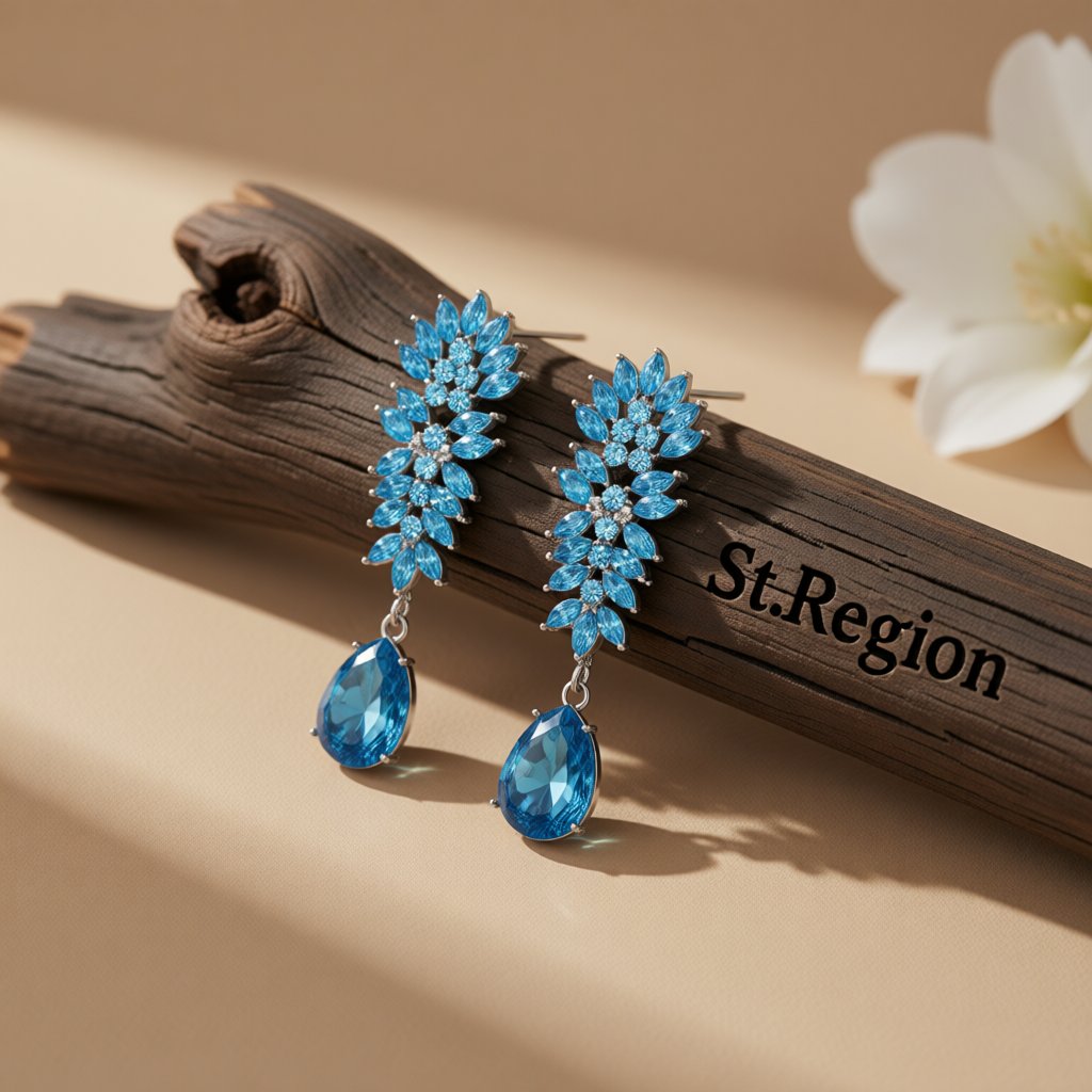 Blue Crystal and Cubic Zirconia Botanical Drop Earring, drop earrings for women, everyday style, front view