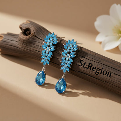 Blue Crystal and Cubic Zirconia Botanical Drop Earring, drop earrings for women, everyday style, front view