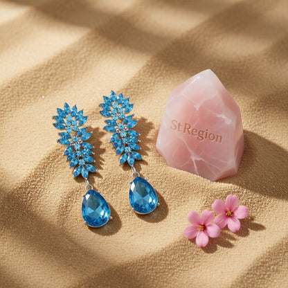 Blue Crystal and Cubic Zirconia Botanical Drop Earring, drop earrings for women, everyday style, detail close-up