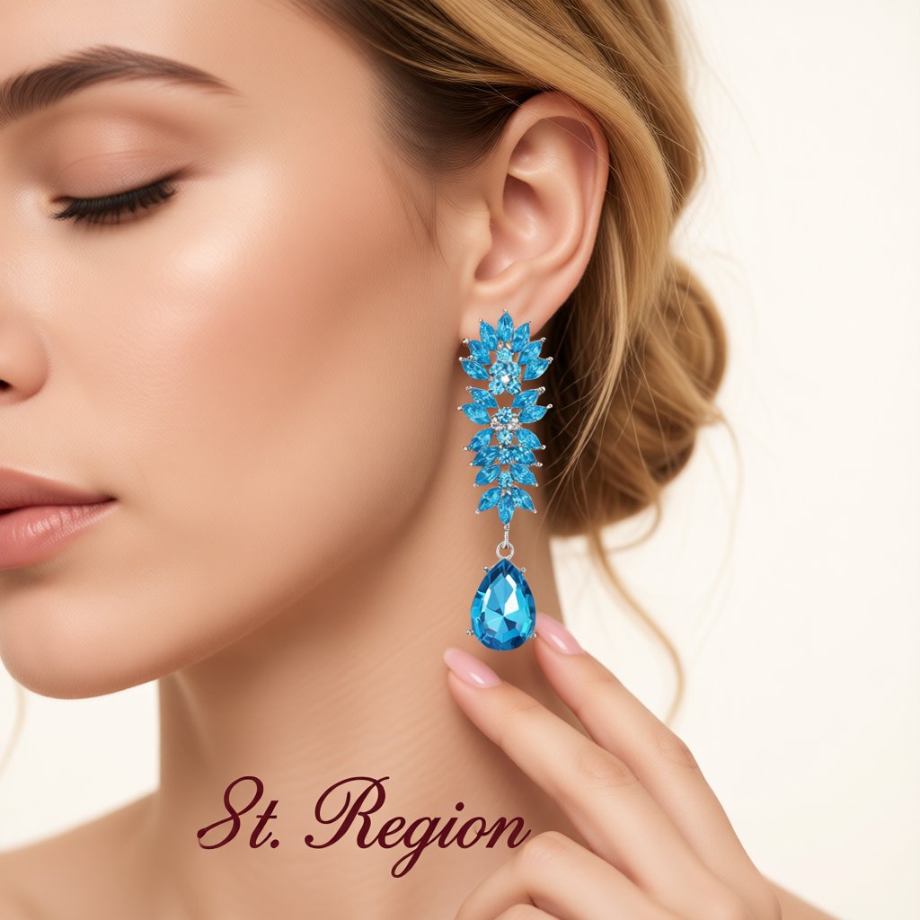 Blue Crystal and Cubic Zirconia Botanical Drop Earring, drop earrings for women, everyday style, styled look