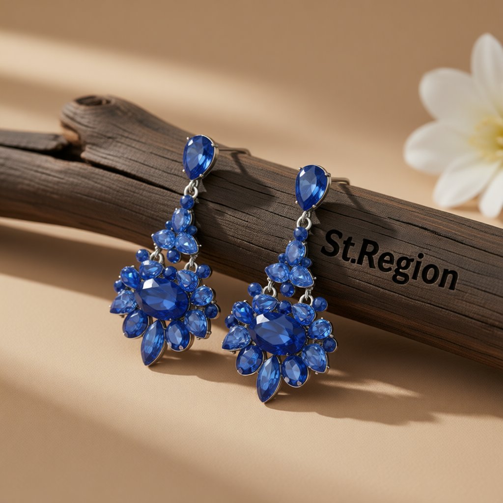 Blue Crystal and Cubic Zirconia Oval-Cut Floral Drop Earrings, drop earrings for women, dainty minimalist design, front view