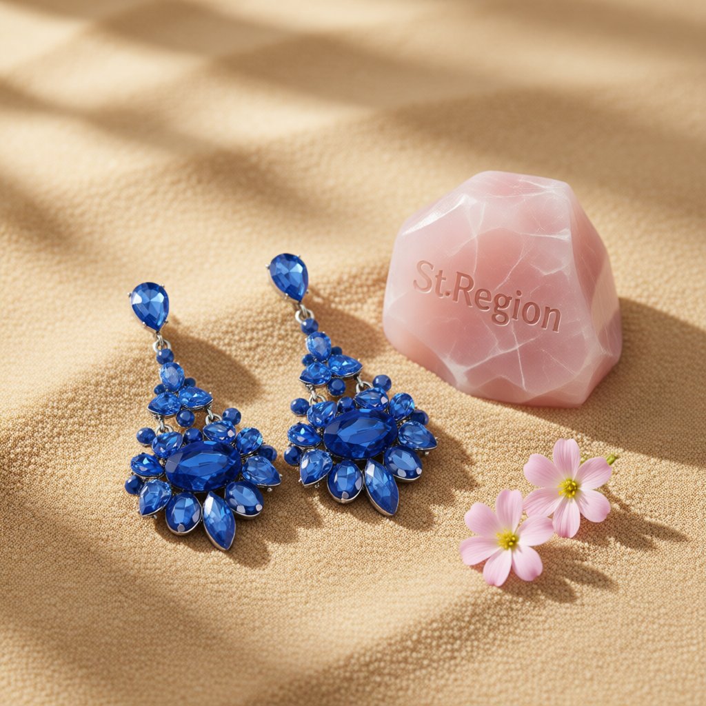 Blue Crystal and Cubic Zirconia Oval-Cut Floral Drop Earrings, drop earrings for women, detail close-up