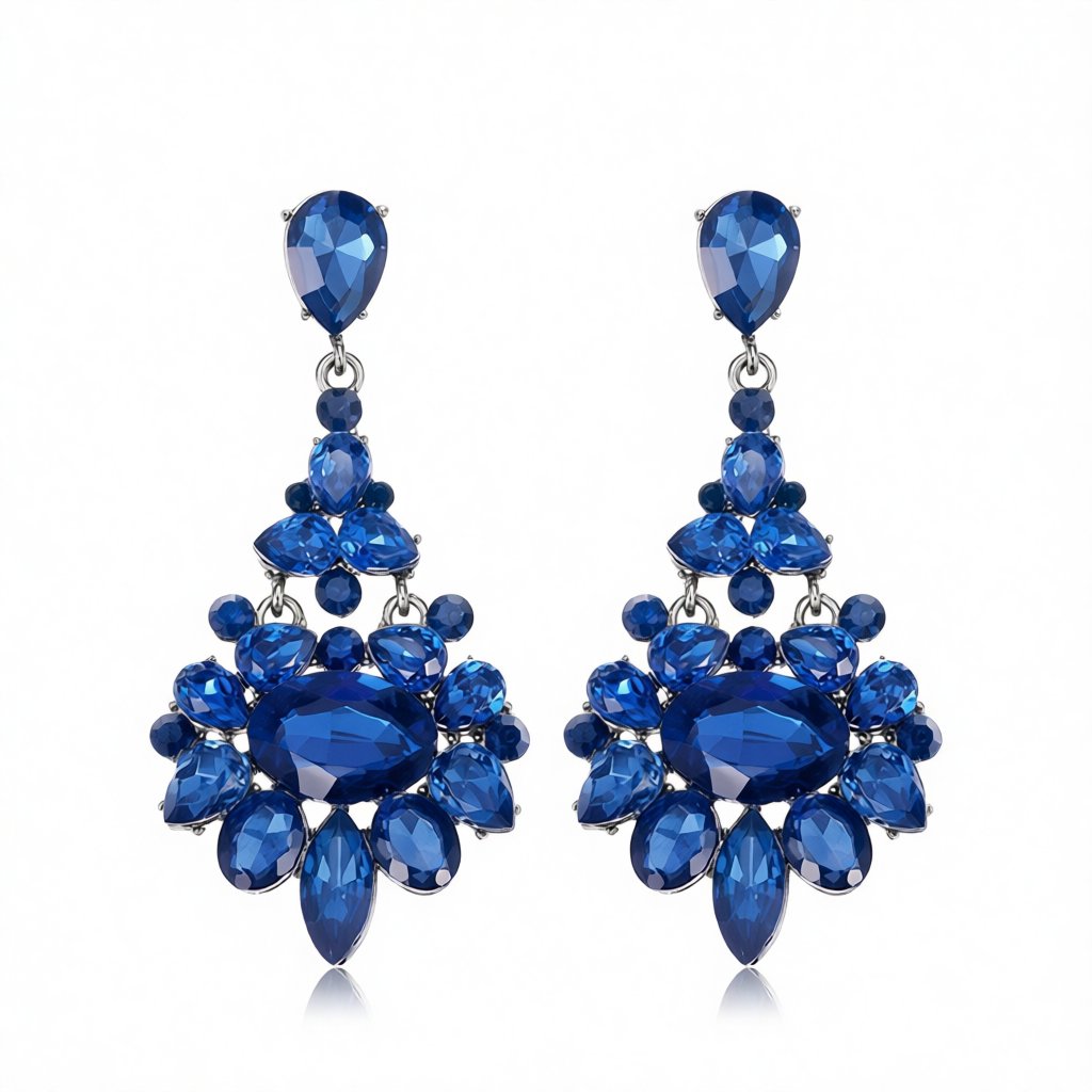 Blue Crystal and Cubic Zirconia Oval-Cut Floral Drop Earrings, drop earrings for women, dainty minimalist design, side view