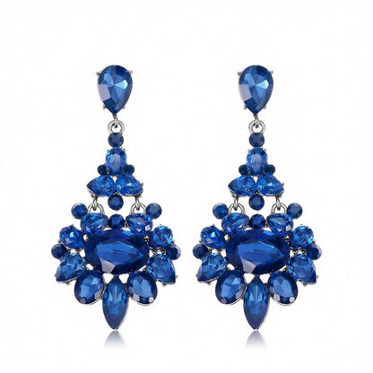 Blue Crystal and Cubic Zirconia Oval-Cut Floral Drop Earrings, drop earrings for women, dainty minimalist design, side view