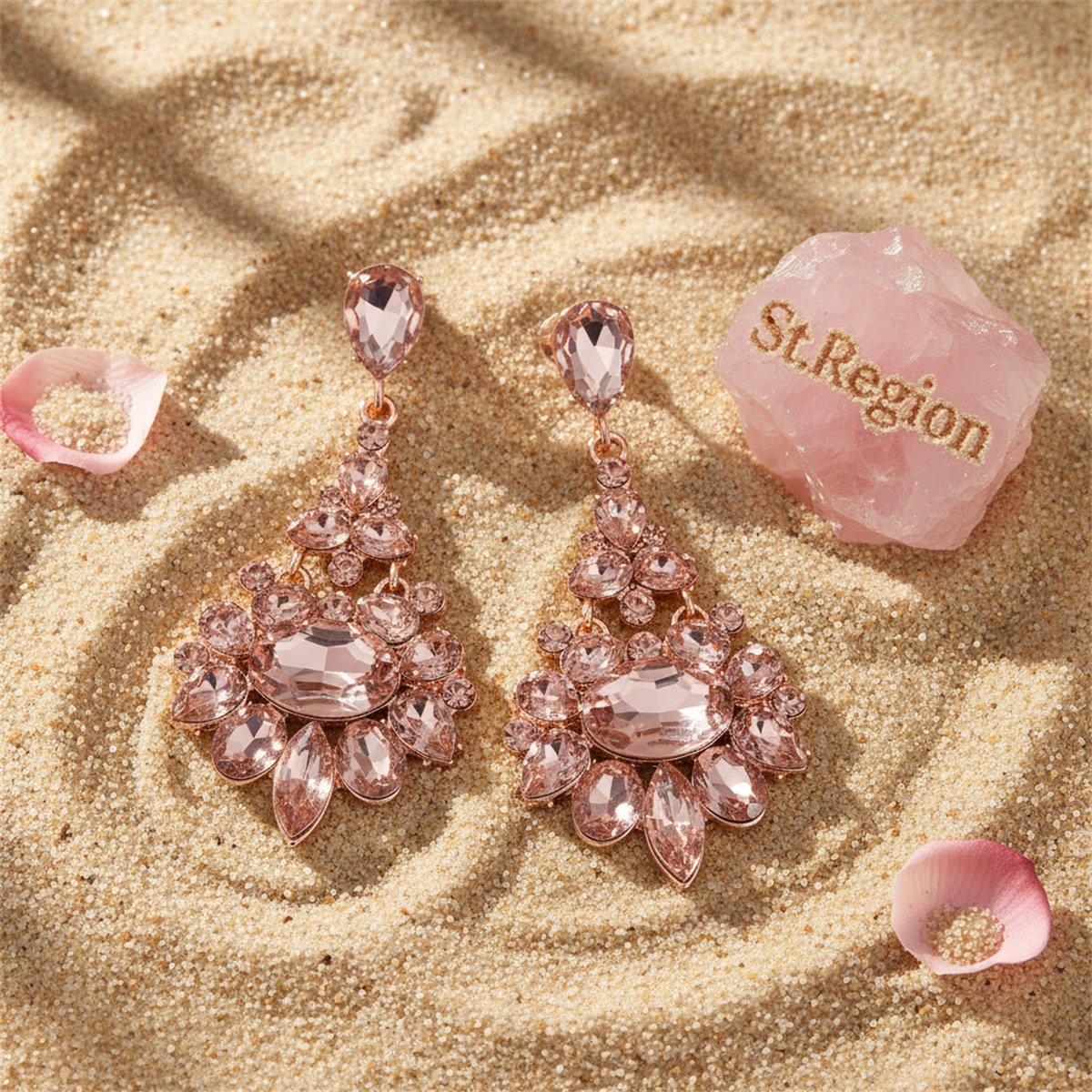Champagne Crystal and Cubic Zirconia Oval-Cut Floral Drop Earrings, drop earrings for women, detail close-up
