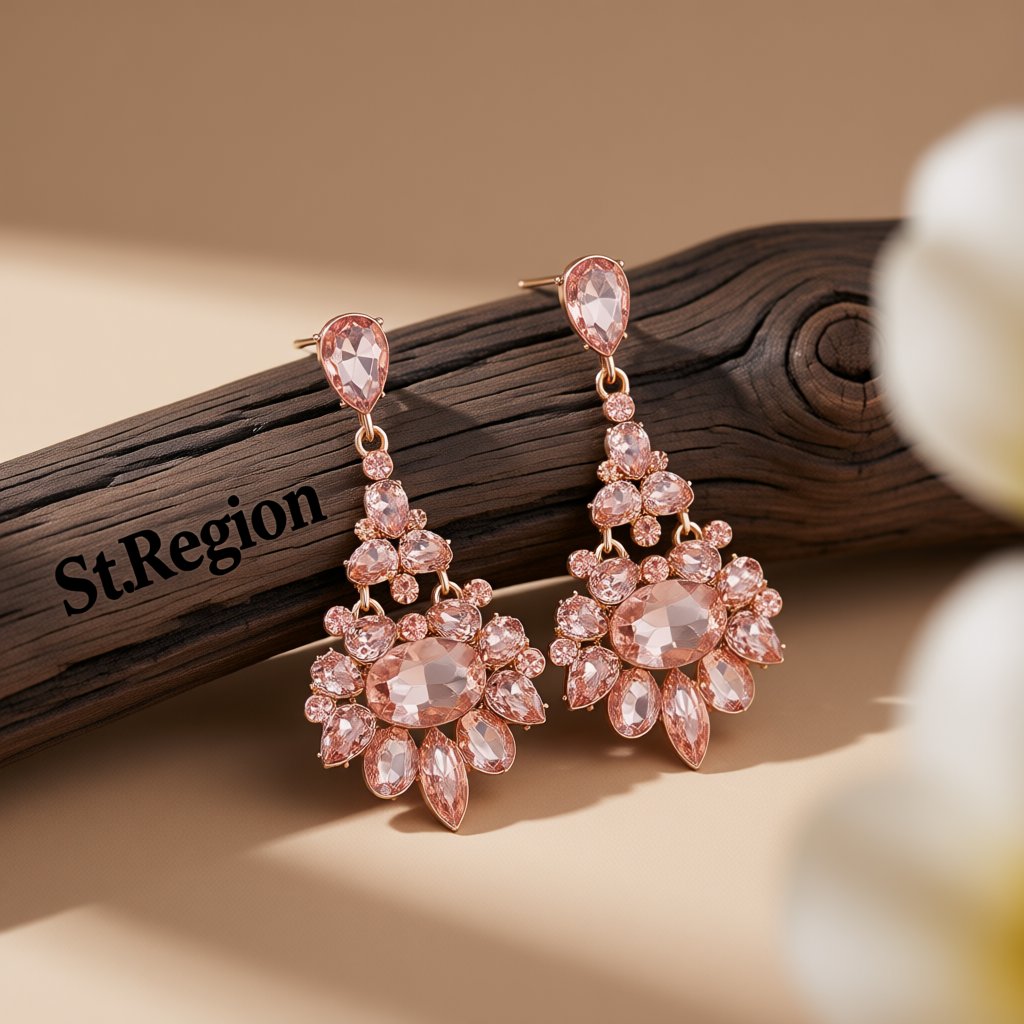 Champagne Crystal and Cubic Zirconia Oval-Cut Floral Drop Earrings, drop earrings for women, elegant gift for her, front view