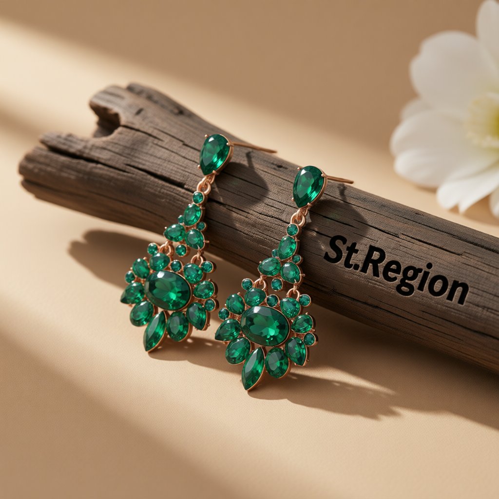 Green Crystal and Cubic Zirconia Oval-Cut Botanical Drop Earrings, drop earrings for women, front view
