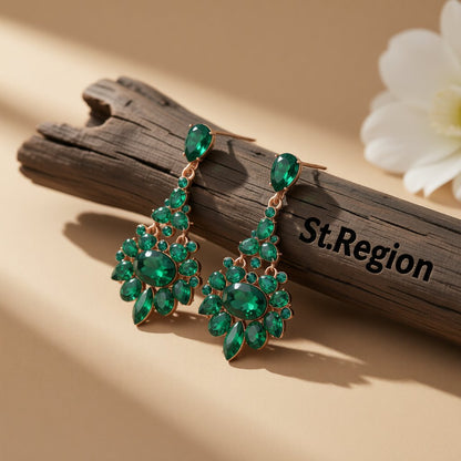 Green Crystal and Cubic Zirconia Oval-Cut Botanical Drop Earrings, drop earrings for women, front view