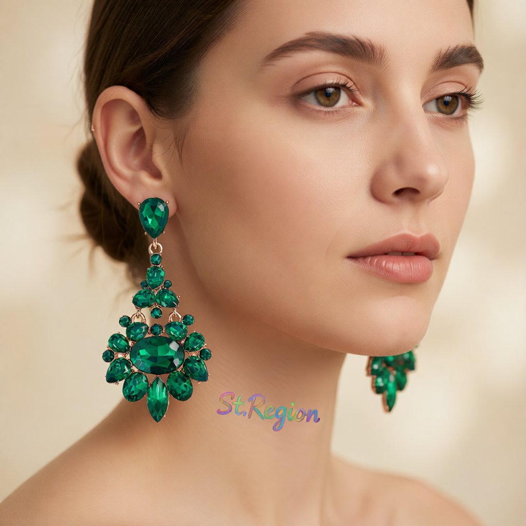 Green Crystal and Cubic Zirconia Oval-Cut Botanical Drop Earrings, drop earrings for women, styled look