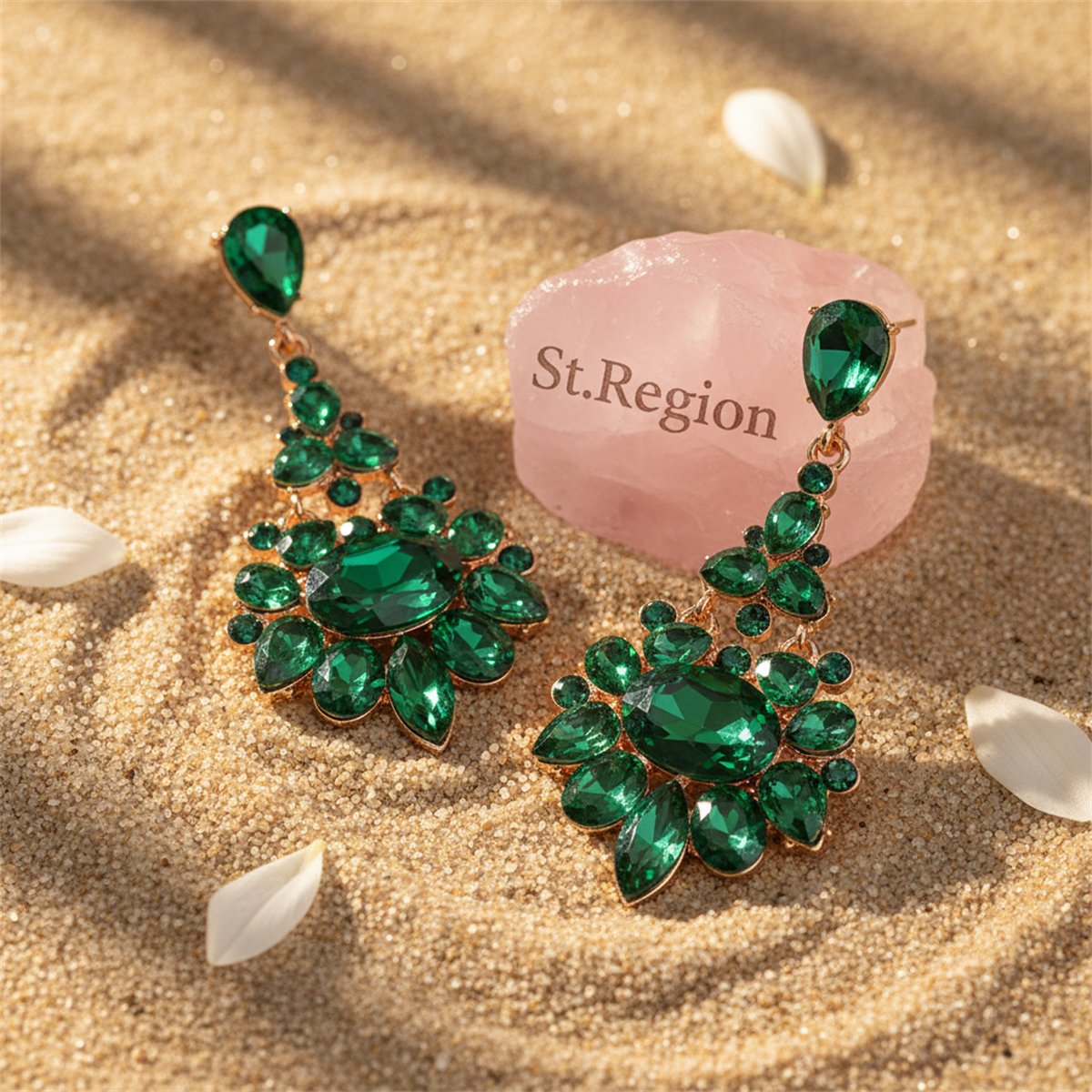 Green Crystal and Cubic Zirconia Oval-Cut Botanical Drop Earrings, drop earrings for women, detail close-up