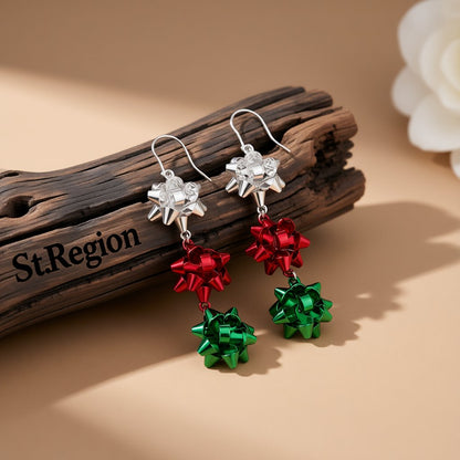 Red Enamel and Silver-Plated Gift Bow Drop Earrings, silver drop earrings for women, vintage-inspired design, front view