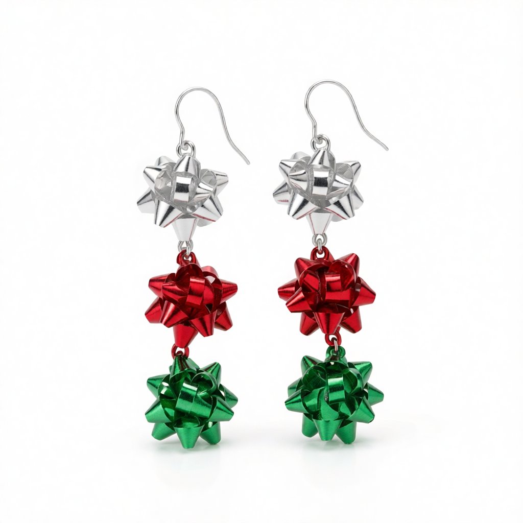 Red Enamel and Silver-Plated Gift Bow Drop Earrings, silver drop earrings for women, vintage-inspired design, side view