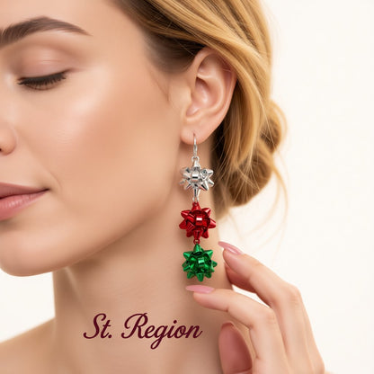 Red Enamel and Silver-Plated Gift Bow Drop Earrings, silver drop earrings for women, vintage-inspired design, styled look