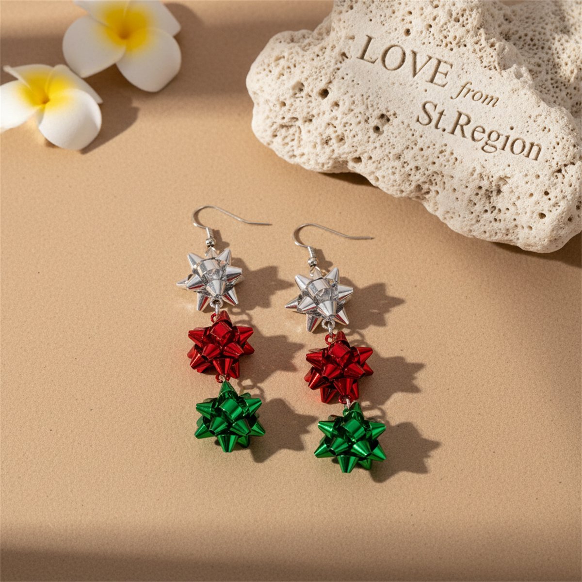 Red Enamel and Silver-Plated Gift Bow Drop Earrings, silver drop earrings for women, vintage-inspired design, lifestyle look