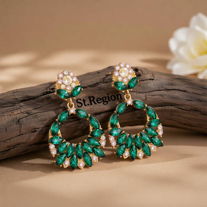 Green Crystal and Cubic Zirconia 18K Gold-Plated Botanical Drop Earrings, gold drop earrings for women, front view