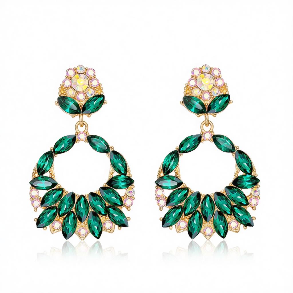 Green Crystal and Cubic Zirconia 18K Gold-Plated Botanical Drop Earrings, gold drop earrings for women, side view