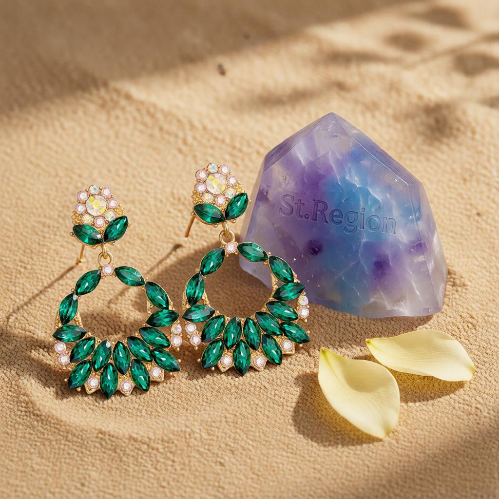 Green Crystal and Cubic Zirconia 18K Gold-Plated Botanical Drop Earrings, gold drop earrings for women, detail close-up