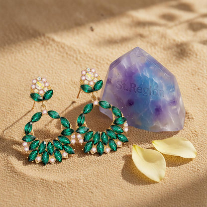 Green Crystal and Cubic Zirconia 18K Gold-Plated Botanical Drop Earrings, gold drop earrings for women, detail close-up