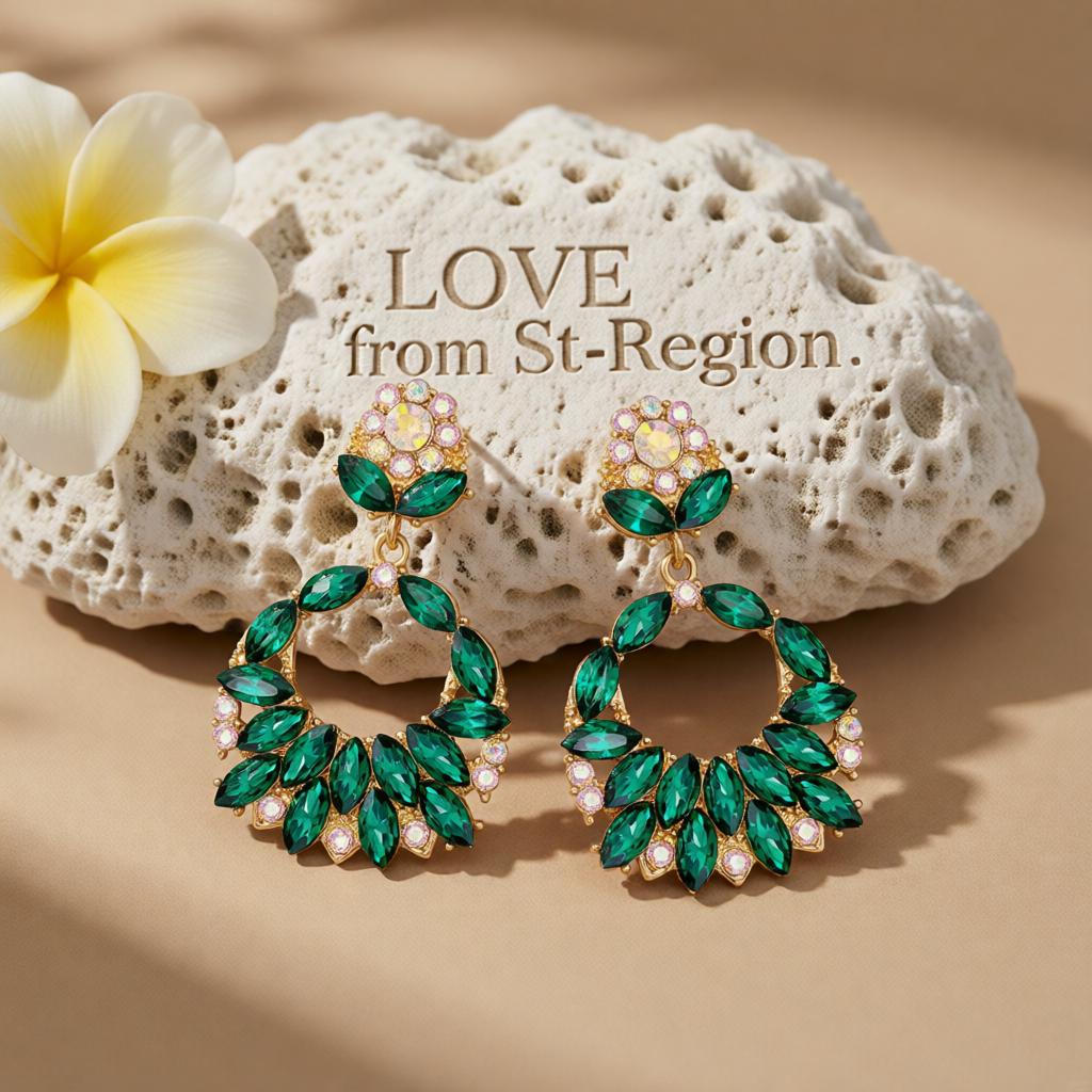 Green Crystal and Cubic Zirconia 18K Gold-Plated Botanical Drop Earrings, gold drop earrings for women, lifestyle look