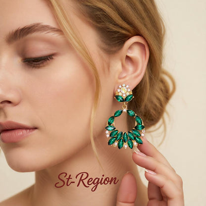 Green Crystal and Cubic Zirconia 18K Gold-Plated Botanical Drop Earrings, gold drop earrings for women, styled look