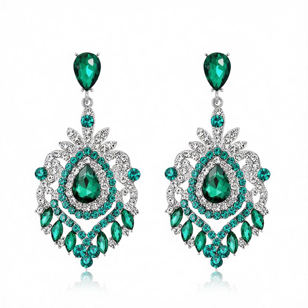 Green Crystal and Cubic Zirconia Silver-Plated Botanical Drop Earrings, silver drop earrings for women, side view