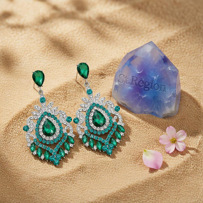 Green Crystal and Cubic Zirconia Silver-Plated Botanical Drop Earrings, silver drop earrings for women, detail close-up