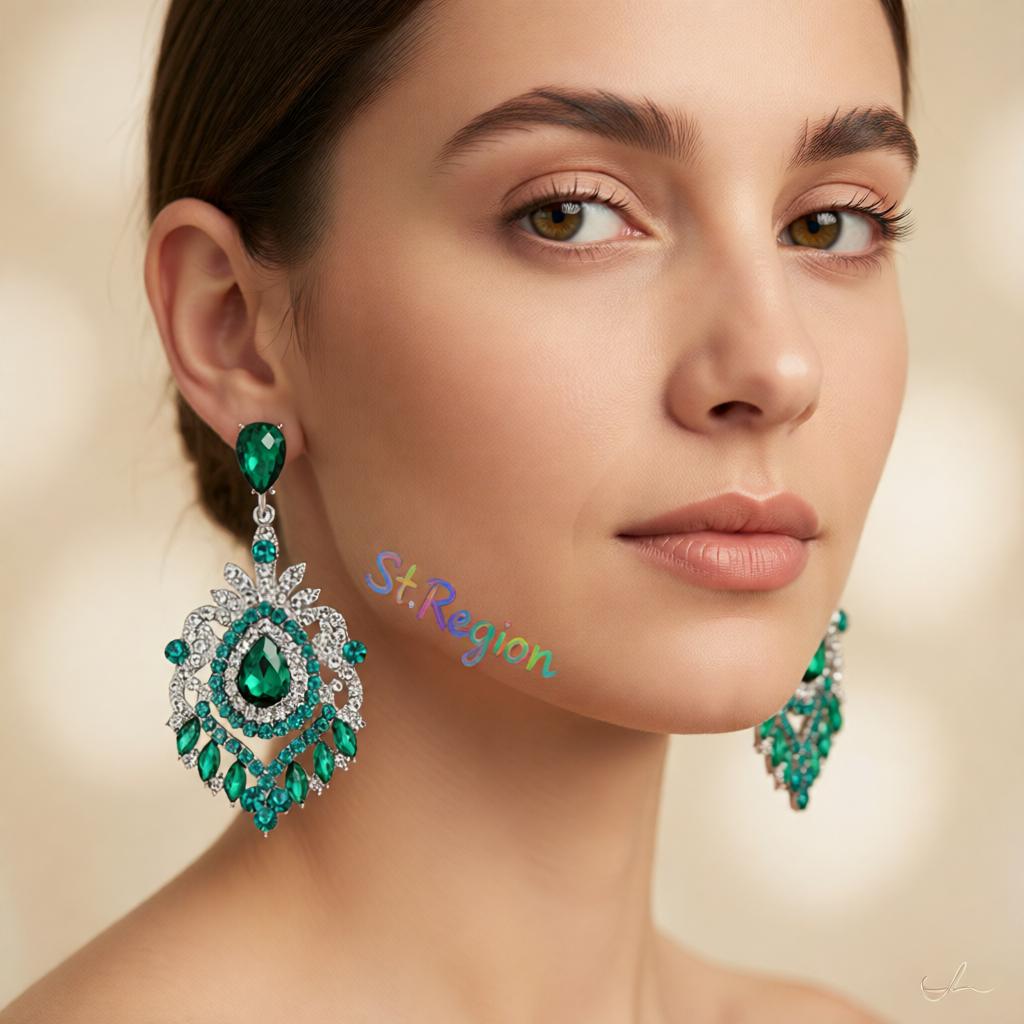 Green Crystal and Cubic Zirconia Silver-Plated Botanical Drop Earrings, silver drop earrings for women, styled look