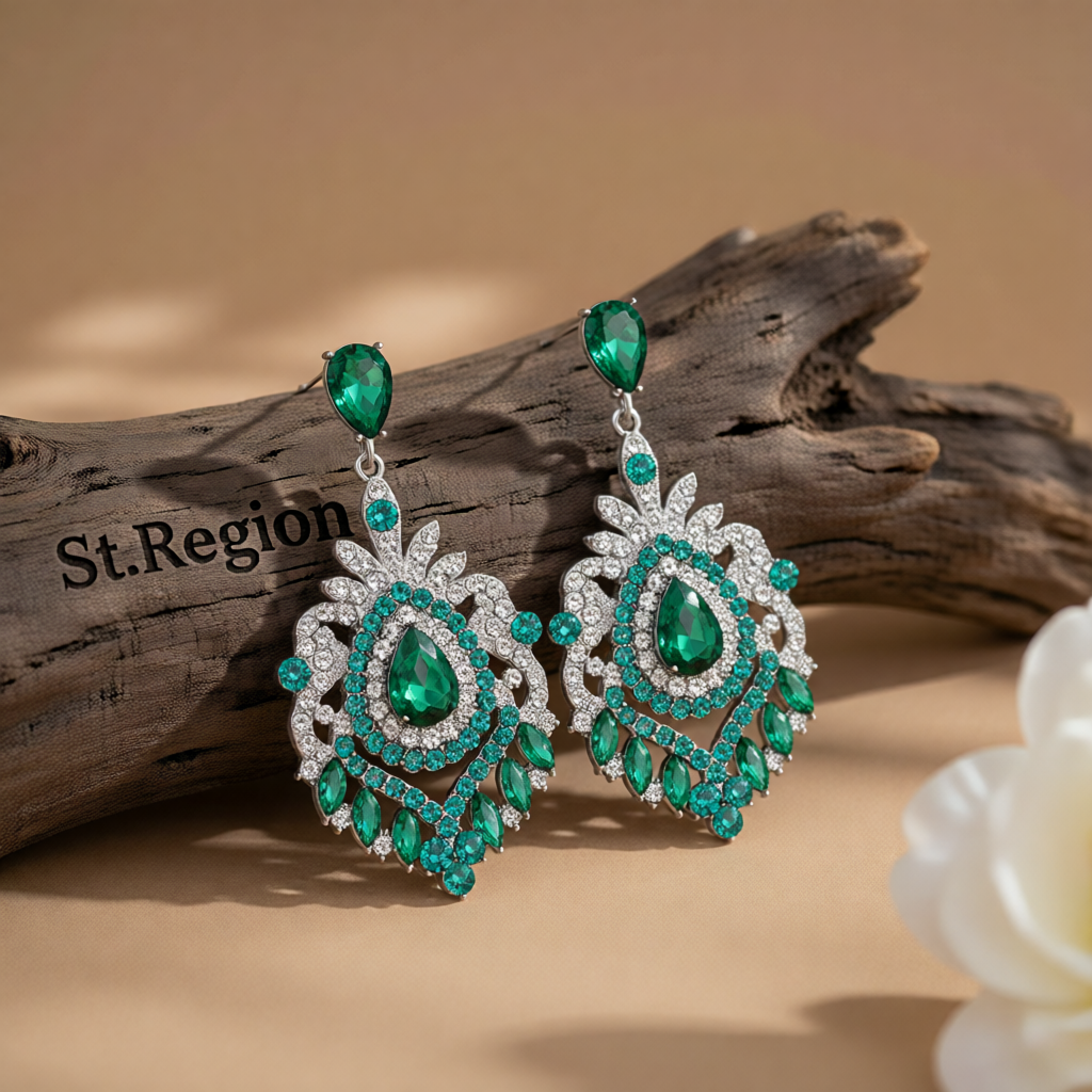 Green Crystal & Cubic Zirconia Silver-Plated Botanical Drop Earrings