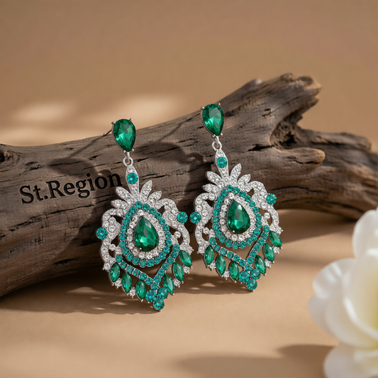 Green Crystal & Cubic Zirconia Silver-Plated Botanical Drop Earrings