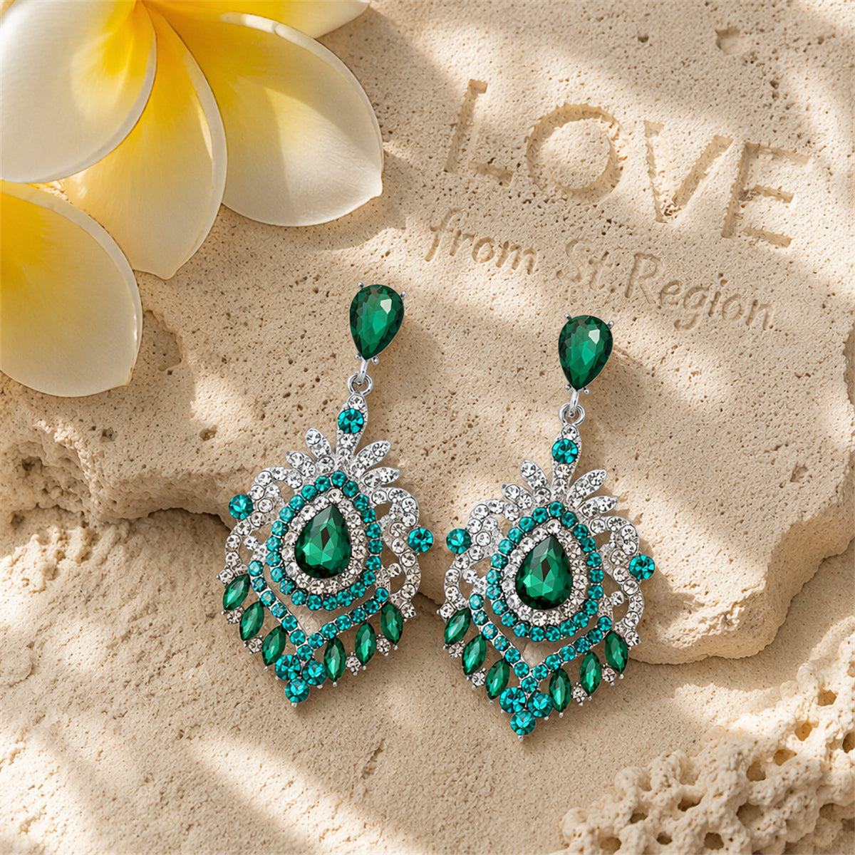 Green Crystal & Cubic Zirconia Silver-Plated Botanical Drop Earrings